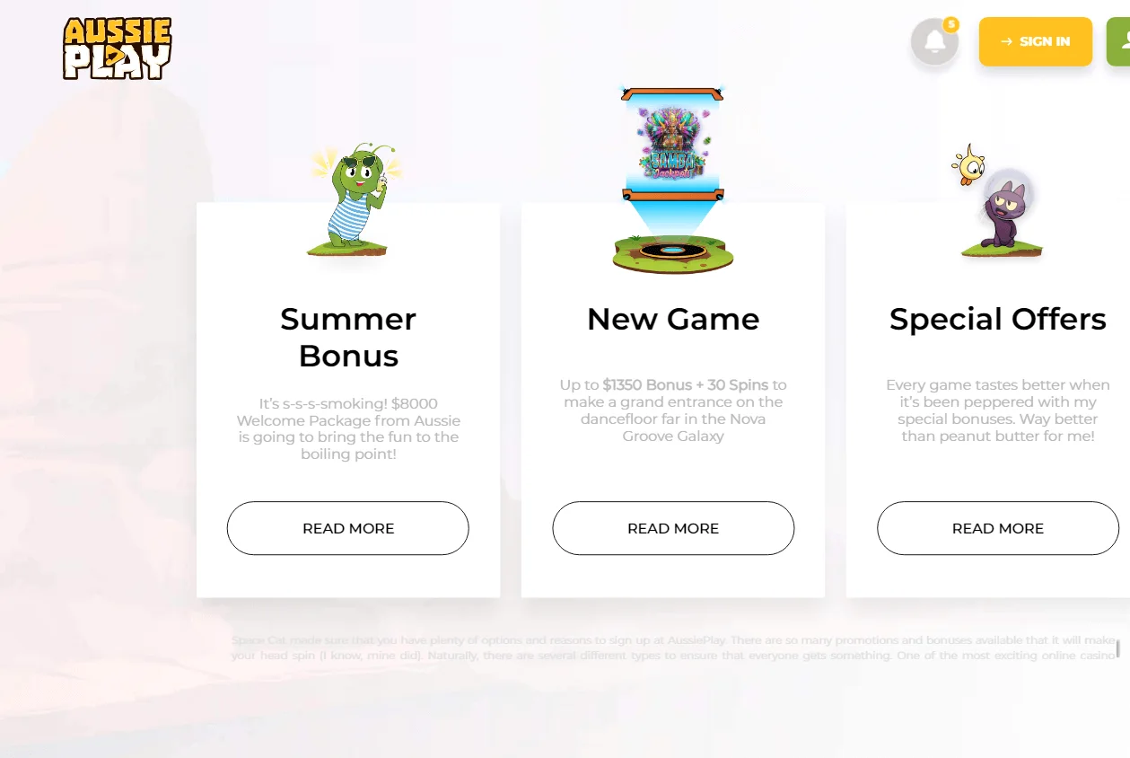 Aussie Play Casino desktop promotions area showing welcome offers