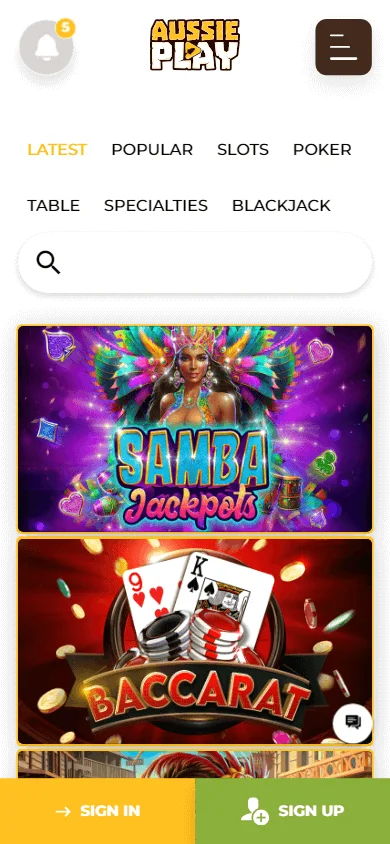 Aussie Play Casino mobile games area with casino categories