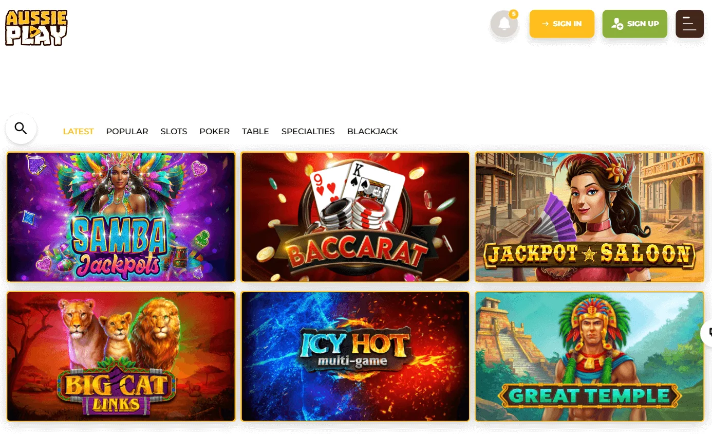 Aussie Play Casino desktop games area with casino titles and categories