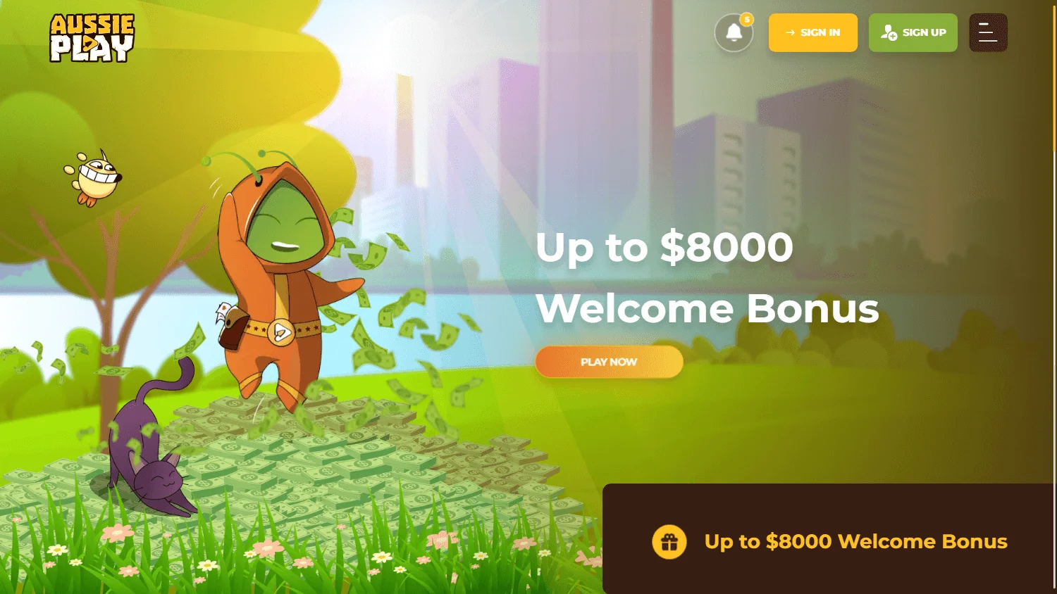 Aussie Play Casino desktop home showing the main casino experience